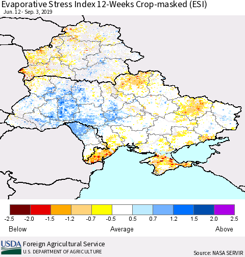 Ukraine, Moldova and Belarus Evaporative Stress Index (ESI), 12-Weeks over Croplands Thematic Map For 9/2/2019 - 9/8/2019