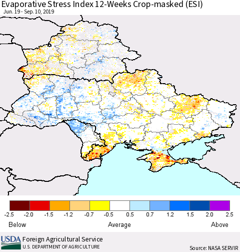 Ukraine, Moldova and Belarus Evaporative Stress Index (ESI), 12-Weeks over Croplands Thematic Map For 9/9/2019 - 9/15/2019