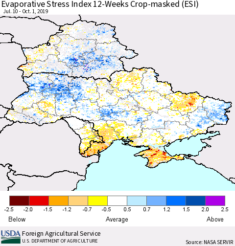Ukraine, Moldova and Belarus Evaporative Stress Index (ESI), 12-Weeks over Croplands Thematic Map For 9/30/2019 - 10/6/2019