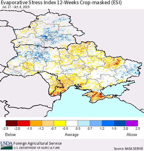 Ukraine, Moldova and Belarus Evaporative Stress Index (ESI), 12-Weeks over Croplands Thematic Map For 10/7/2019 - 10/13/2019