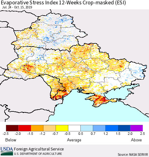 Ukraine, Moldova and Belarus Evaporative Stress Index (ESI), 12-Weeks over Croplands Thematic Map For 10/14/2019 - 10/20/2019
