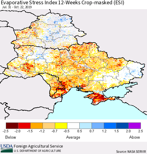 Ukraine, Moldova and Belarus Evaporative Stress Index (ESI), 12-Weeks over Croplands Thematic Map For 10/21/2019 - 10/27/2019