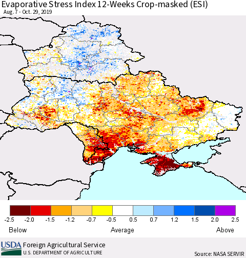 Ukraine, Moldova and Belarus Evaporative Stress Index (ESI), 12-Weeks over Croplands Thematic Map For 10/28/2019 - 11/3/2019