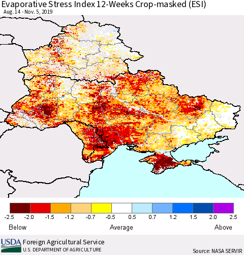 Ukraine, Moldova and Belarus Evaporative Stress Index (ESI), 12-Weeks over Croplands Thematic Map For 11/4/2019 - 11/10/2019