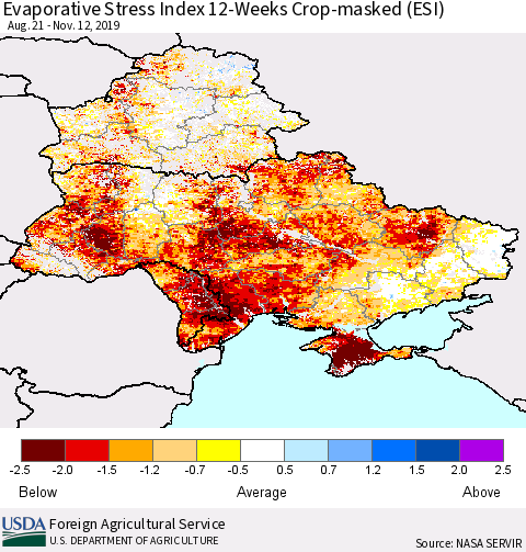 Ukraine, Moldova and Belarus Evaporative Stress Index (ESI), 12-Weeks over Croplands Thematic Map For 11/11/2019 - 11/17/2019