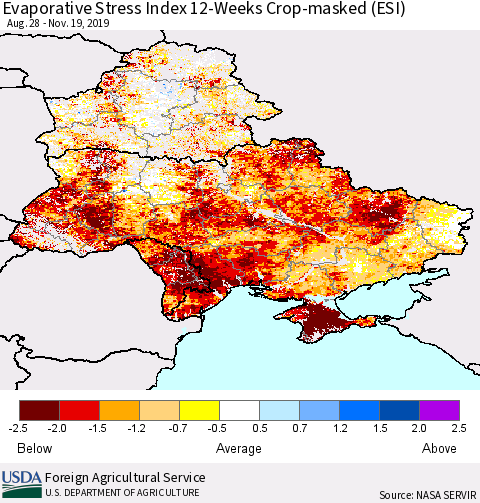Ukraine, Moldova and Belarus Evaporative Stress Index (ESI), 12-Weeks over Croplands Thematic Map For 11/18/2019 - 11/24/2019