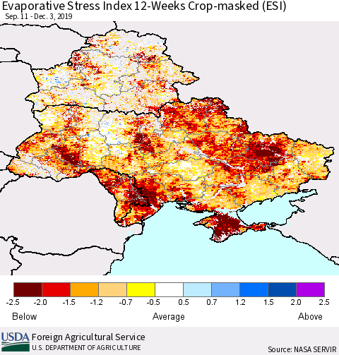 Ukraine, Moldova and Belarus Evaporative Stress Index (ESI), 12-Weeks over Croplands Thematic Map For 12/2/2019 - 12/8/2019