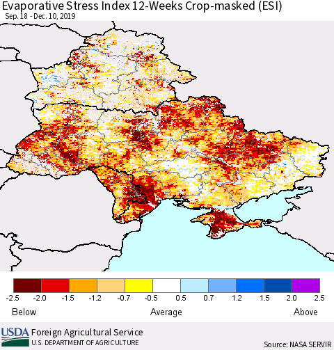 Ukraine, Moldova and Belarus Evaporative Stress Index (ESI), 12-Weeks over Croplands Thematic Map For 12/9/2019 - 12/15/2019