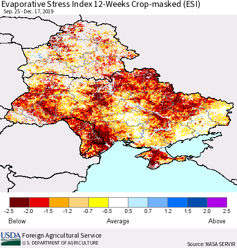 Ukraine, Moldova and Belarus Evaporative Stress Index (ESI), 12-Weeks over Croplands Thematic Map For 12/16/2019 - 12/22/2019