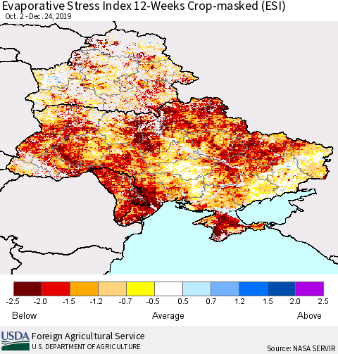Ukraine, Moldova and Belarus Evaporative Stress Index (ESI), 12-Weeks over Croplands Thematic Map For 12/23/2019 - 12/29/2019