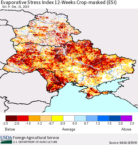 Ukraine, Moldova and Belarus Evaporative Stress Index (ESI), 12-Weeks over Croplands Thematic Map For 12/30/2019 - 1/5/2020