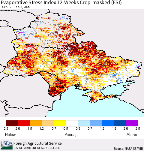 Ukraine, Moldova and Belarus Evaporative Stress Index (ESI), 12-Weeks over Croplands Thematic Map For 1/6/2020 - 1/12/2020