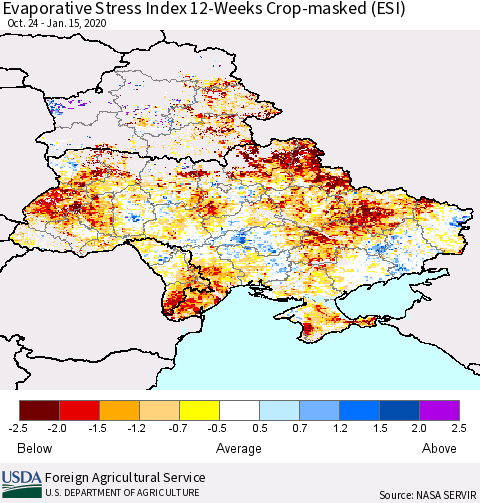 Ukraine, Moldova and Belarus Evaporative Stress Index (ESI), 12-Weeks over Croplands Thematic Map For 1/13/2020 - 1/19/2020