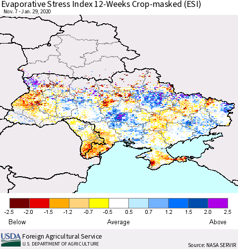 Ukraine, Moldova and Belarus Evaporative Stress Index (ESI), 12-Weeks over Croplands Thematic Map For 1/27/2020 - 2/2/2020
