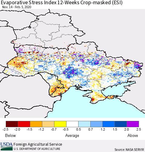 Ukraine, Moldova and Belarus Evaporative Stress Index (ESI), 12-Weeks over Croplands Thematic Map For 2/3/2020 - 2/9/2020