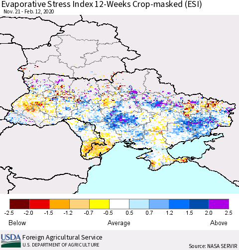 Ukraine, Moldova and Belarus Evaporative Stress Index (ESI), 12-Weeks over Croplands Thematic Map For 2/10/2020 - 2/16/2020