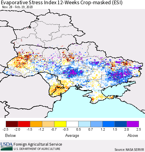 Ukraine, Moldova and Belarus Evaporative Stress Index (ESI), 12-Weeks over Croplands Thematic Map For 2/17/2020 - 2/23/2020