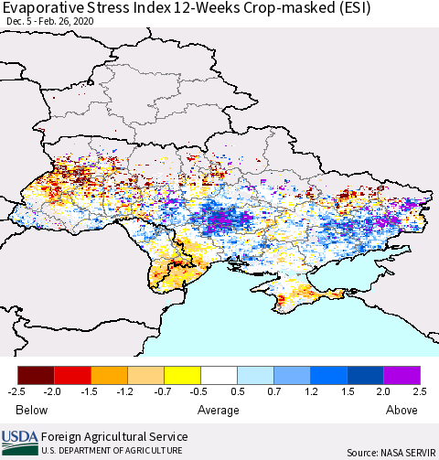 Ukraine, Moldova and Belarus Evaporative Stress Index (ESI), 12-Weeks over Croplands Thematic Map For 2/24/2020 - 3/1/2020