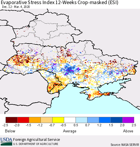Ukraine, Moldova and Belarus Evaporative Stress Index (ESI), 12-Weeks over Croplands Thematic Map For 3/2/2020 - 3/8/2020