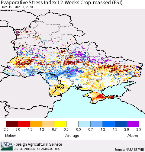 Ukraine, Moldova and Belarus Evaporative Stress Index (ESI), 12-Weeks over Croplands Thematic Map For 3/9/2020 - 3/15/2020