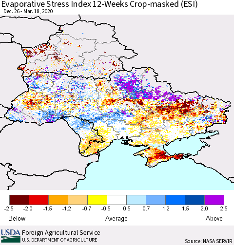 Ukraine, Moldova and Belarus Evaporative Stress Index (ESI), 12-Weeks over Croplands Thematic Map For 3/16/2020 - 3/22/2020
