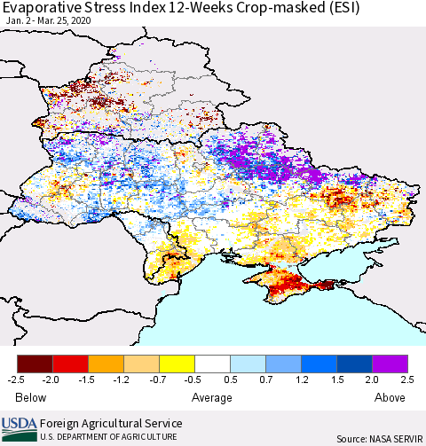 Ukraine, Moldova and Belarus Evaporative Stress Index (ESI), 12-Weeks over Croplands Thematic Map For 3/23/2020 - 3/29/2020