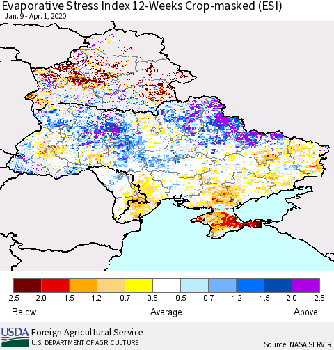 Ukraine, Moldova and Belarus Evaporative Stress Index (ESI), 12-Weeks over Croplands Thematic Map For 3/30/2020 - 4/5/2020