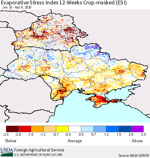 Ukraine, Moldova and Belarus Evaporative Stress Index (ESI), 12-Weeks over Croplands Thematic Map For 4/6/2020 - 4/12/2020