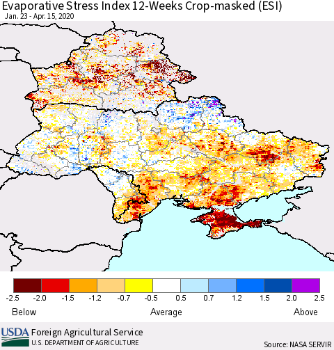 Ukraine, Moldova and Belarus Evaporative Stress Index (ESI), 12-Weeks over Croplands Thematic Map For 4/13/2020 - 4/19/2020