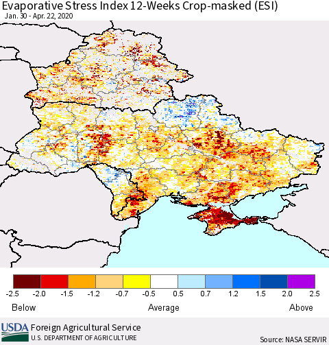 Ukraine, Moldova and Belarus Evaporative Stress Index (ESI), 12-Weeks over Croplands Thematic Map For 4/20/2020 - 4/26/2020