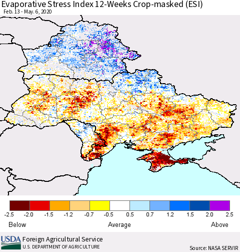 Ukraine, Moldova and Belarus Evaporative Stress Index (ESI), 12-Weeks over Croplands Thematic Map For 5/4/2020 - 5/10/2020