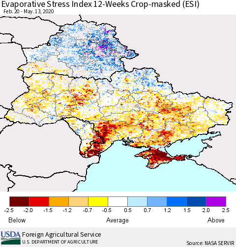 Ukraine, Moldova and Belarus Evaporative Stress Index (ESI), 12-Weeks over Croplands Thematic Map For 5/11/2020 - 5/17/2020