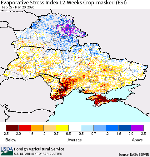 Ukraine, Moldova and Belarus Evaporative Stress Index (ESI), 12-Weeks over Croplands Thematic Map For 5/18/2020 - 5/24/2020