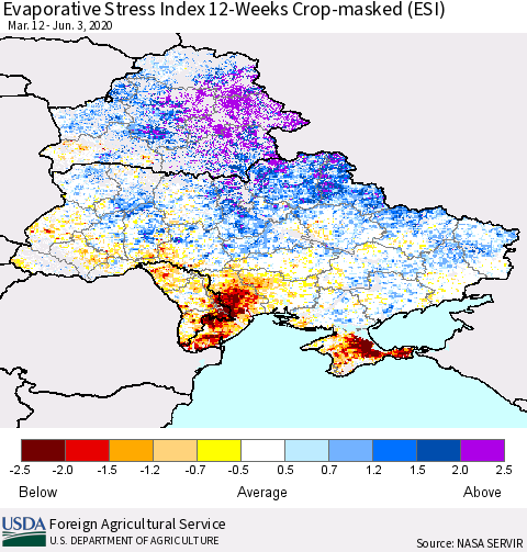 Ukraine, Moldova and Belarus Evaporative Stress Index (ESI), 12-Weeks over Croplands Thematic Map For 6/1/2020 - 6/7/2020