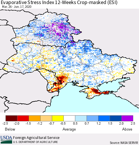 Ukraine, Moldova and Belarus Evaporative Stress Index (ESI), 12-Weeks over Croplands Thematic Map For 6/15/2020 - 6/21/2020