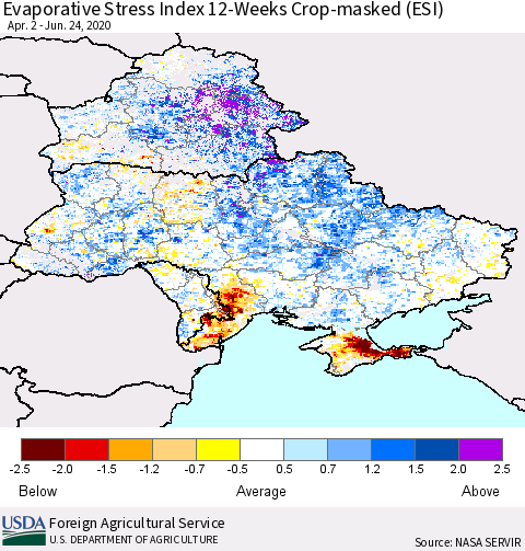 Ukraine, Moldova and Belarus Evaporative Stress Index (ESI), 12-Weeks over Croplands Thematic Map For 6/22/2020 - 6/28/2020