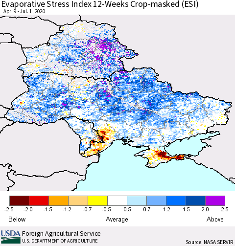 Ukraine, Moldova and Belarus Evaporative Stress Index (ESI), 12-Weeks over Croplands Thematic Map For 6/29/2020 - 7/5/2020