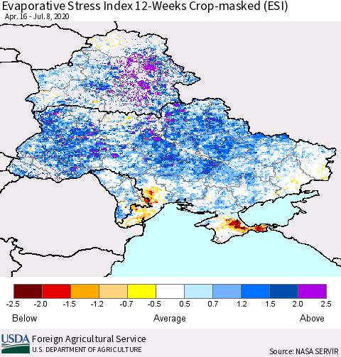 Ukraine, Moldova and Belarus Evaporative Stress Index (ESI), 12-Weeks over Croplands Thematic Map For 7/6/2020 - 7/12/2020