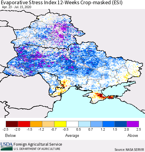Ukraine, Moldova and Belarus Evaporative Stress Index (ESI), 12-Weeks over Croplands Thematic Map For 7/13/2020 - 7/19/2020