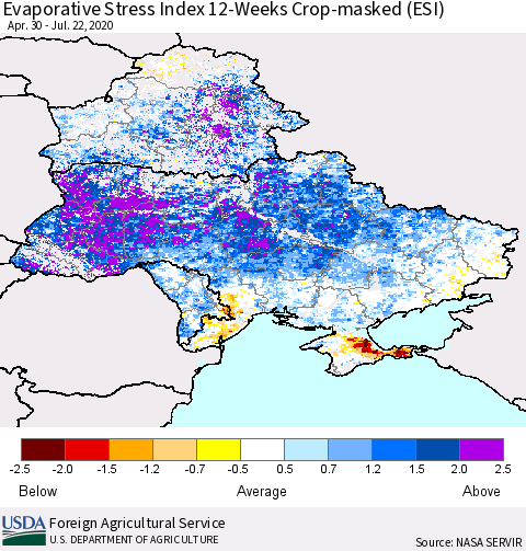 Ukraine, Moldova and Belarus Evaporative Stress Index (ESI), 12-Weeks over Croplands Thematic Map For 7/20/2020 - 7/26/2020