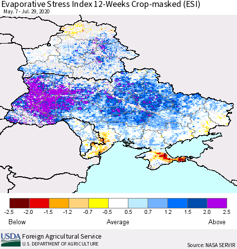 Ukraine, Moldova and Belarus Evaporative Stress Index (ESI), 12-Weeks over Croplands Thematic Map For 7/27/2020 - 8/2/2020