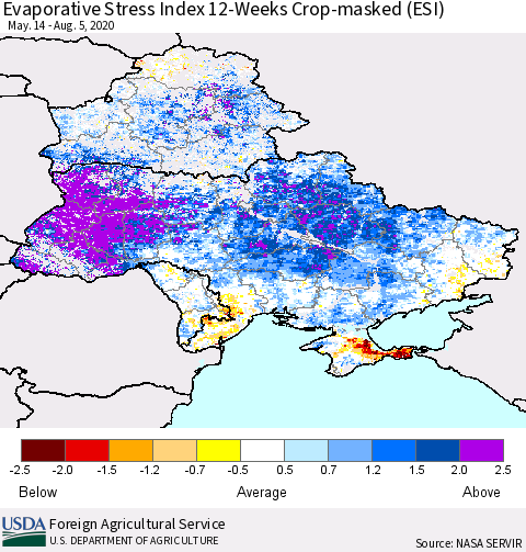 Ukraine, Moldova and Belarus Evaporative Stress Index (ESI), 12-Weeks over Croplands Thematic Map For 8/3/2020 - 8/9/2020