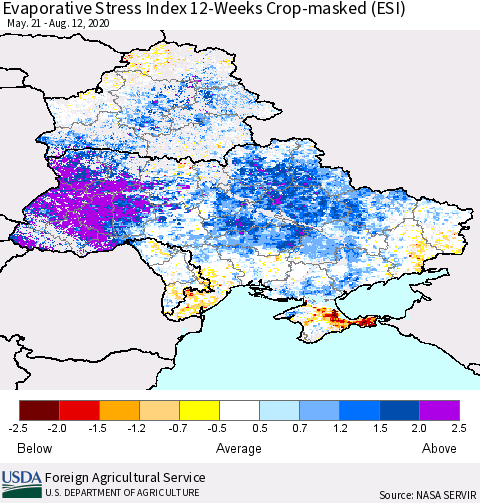 Ukraine, Moldova and Belarus Evaporative Stress Index (ESI), 12-Weeks over Croplands Thematic Map For 8/10/2020 - 8/16/2020
