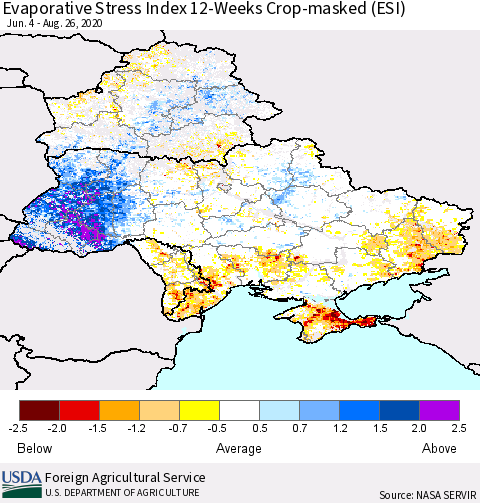 Ukraine, Moldova and Belarus Evaporative Stress Index (ESI), 12-Weeks over Croplands Thematic Map For 8/24/2020 - 8/30/2020