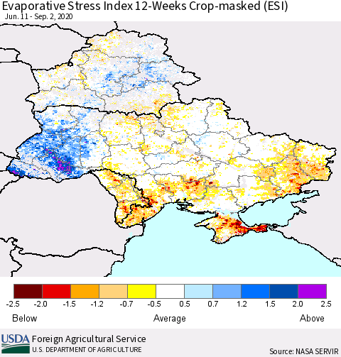 Ukraine, Moldova and Belarus Evaporative Stress Index (ESI), 12-Weeks over Croplands Thematic Map For 8/31/2020 - 9/6/2020