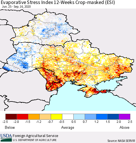 Ukraine, Moldova and Belarus Evaporative Stress Index (ESI), 12-Weeks over Croplands Thematic Map For 9/14/2020 - 9/20/2020
