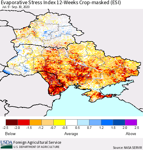 Ukraine, Moldova and Belarus Evaporative Stress Index (ESI), 12-Weeks over Croplands Thematic Map For 9/28/2020 - 10/4/2020
