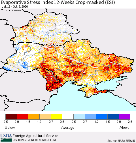 Ukraine, Moldova and Belarus Evaporative Stress Index (ESI), 12-Weeks over Croplands Thematic Map For 10/5/2020 - 10/11/2020