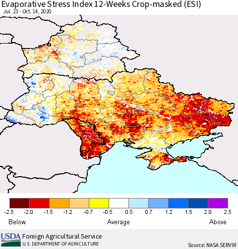 Ukraine, Moldova and Belarus Evaporative Stress Index (ESI), 12-Weeks over Croplands Thematic Map For 10/12/2020 - 10/18/2020