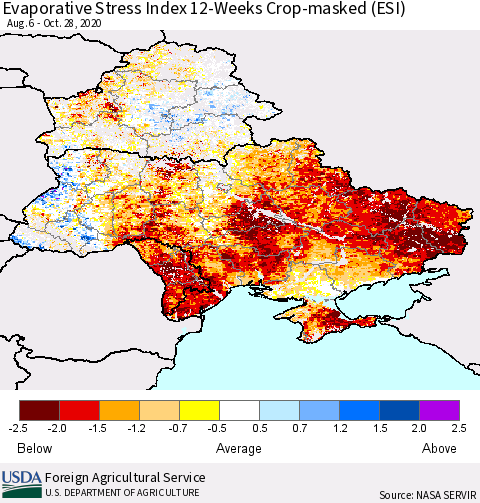 Ukraine, Moldova and Belarus Evaporative Stress Index (ESI), 12-Weeks over Croplands Thematic Map For 10/26/2020 - 11/1/2020